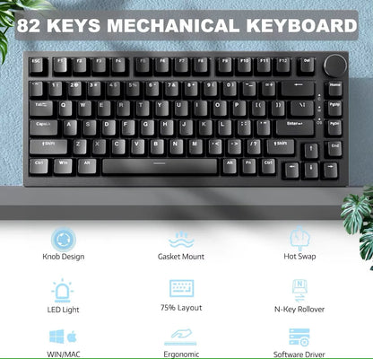 AJAZZ AK820 Wired Mechanical Keyboard Full-Key Hot-Swap Keyboard with Removable USB Port, White & Ice Blue Backlit Gaming Keyboard for PC