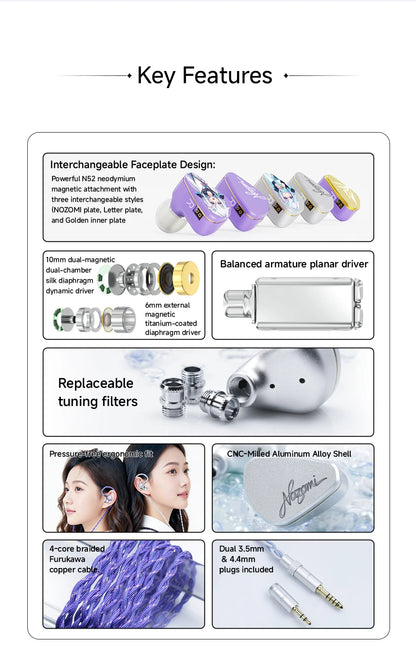 CVJ NOZOMI Wired Hybrid Earphones 2DD+1PD Triple Driver In-Ear Monitors, Planar Magnetic Earbuds with Interchangeable Faceplates for Music & Gaming