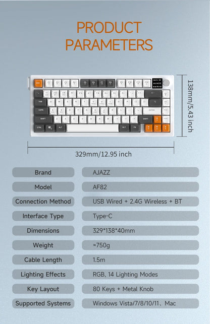 AJAZZ AF82 Low Profile Wireless Gaming Keyboard RGB 75% Mechanical Feel Keyboard, Tri-Mode Bluetooth/2.4G/USB Keyboard for Windows & Mac