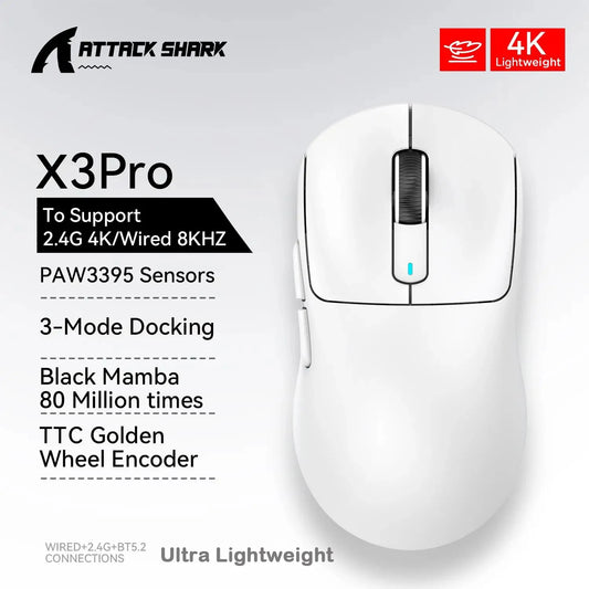 ATTACK SHARK X3/X3PRO 4K/8K bežični gaming miš, 26K DPI, tri načina povezivanja (žično/2.4GHz/BT5.2), lagan, PAW3395 senzor za gamere