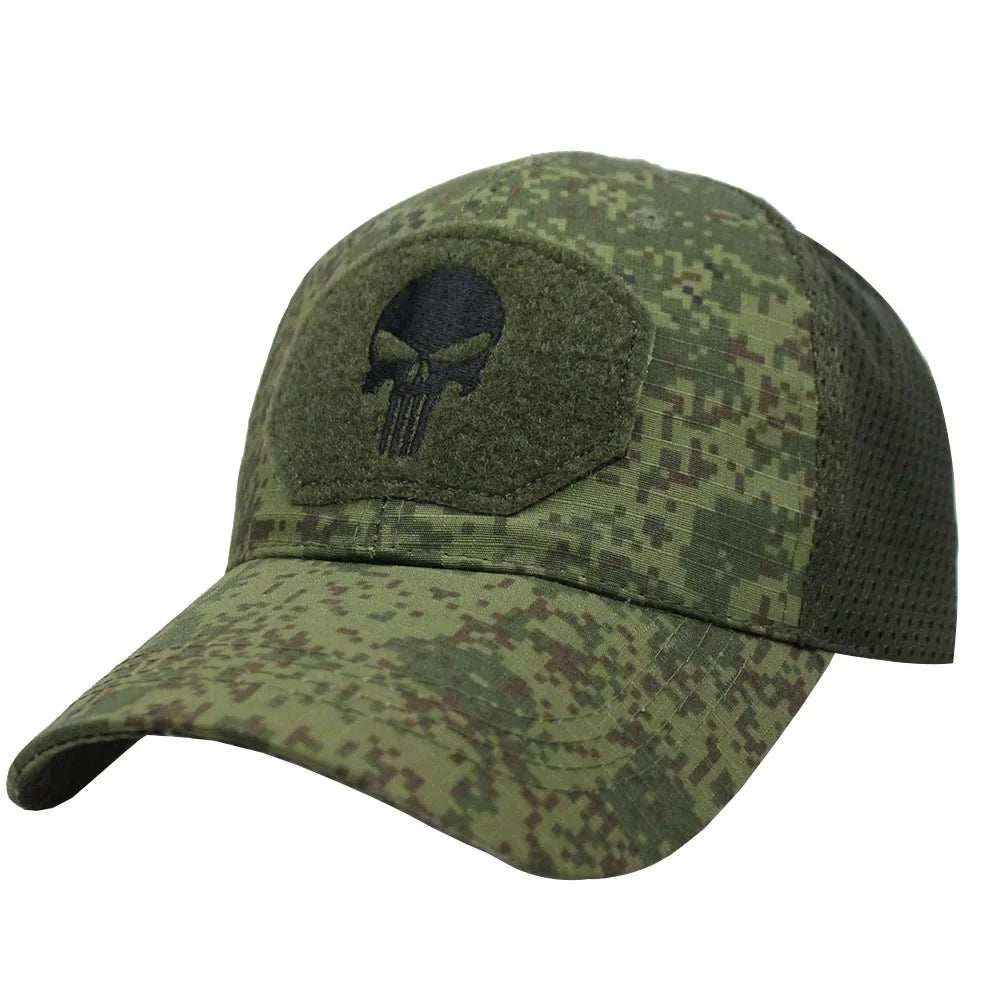 Camouflage-baseballkasket i netstof, åndbar, specialstyrke-taktisk camouflagehat med dødningehoved og and-skærm