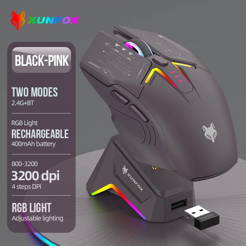 XUNSVFOX H2 trådlös Bluetooth-mus med dubbla lägen, RGB-belysning, för laptop, gaming och kontor, magnetisk laddning