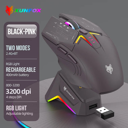 XUNSVFOX H2 trådlös Bluetooth-mus med dubbla lägen, RGB-belysning, för laptop, gaming och kontor, magnetisk laddning