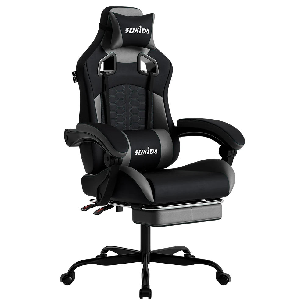 SUKIDA Ergonomischer Racing-Gaming-Stuhl, verstellbar und drehbar, mit Kopfstütze und Lendenwirbelstütze für Büro und Gaming