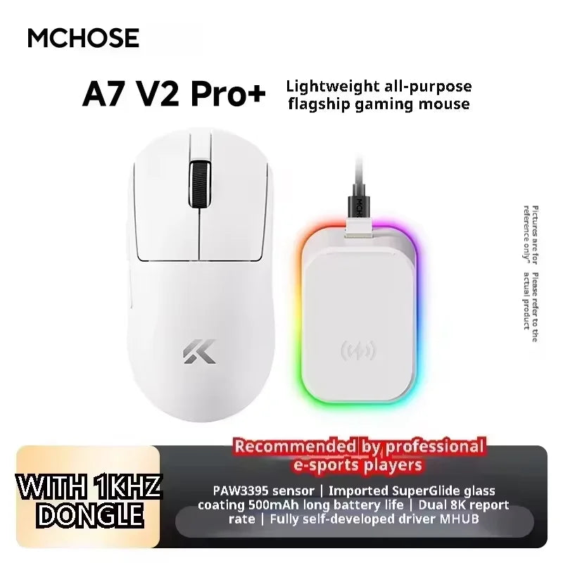 MCHOSE A7 V2 Ultra Wireless Gaming Mouse with PixArt 3950Ti Sensor, 8K Polling Rate, Lightweight Bluetooth & 2.4G RGB Gaming Mouse