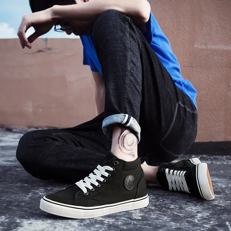 Baskets montantes en toile pour hommes, chaussures de Skate décontractées à lacets, toutes noires, pour étudiants, semelle plate, chaussures de Sport confortables