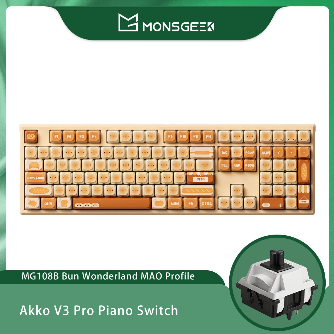 Tastiera meccanica wireless Akko MonsGeek MG108B Bun Wonderland, profilo MOG, RGB, 108 tasti, formato full size, hot swap, USB / 2.4G / BT 5.0