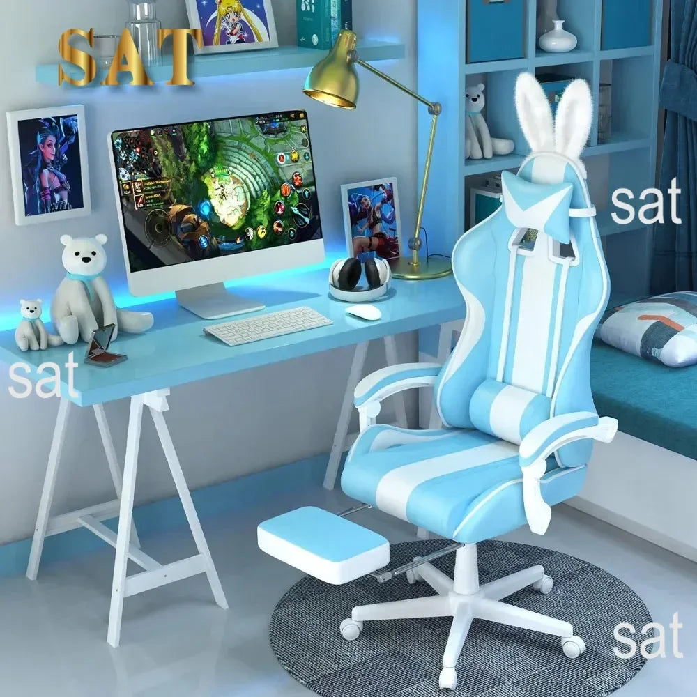 #For Kawaii Light Blue Gaming Chair with Bunny Ears, Ergonomic Cute Gamer Chair with Footrest and Massage, Racing Reclining&