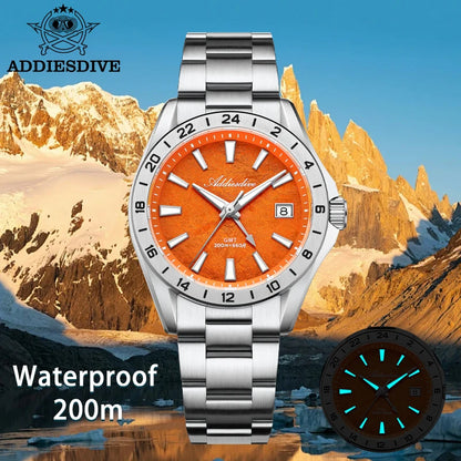 ADDIESDIVE GMT Men Quartz Watch Sapphire Crystal Swiss Ronda 515-24H Dual Time BGW9 Super Luminous 20Bar Waterproof Diver Watch