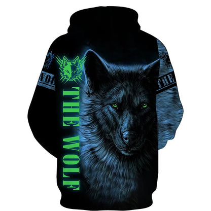Sweat à capuz com fecho e estampado 3D de lobo, estilo streetwear, para homem/mulher, casaco com capuz unissexo casual hip-hop