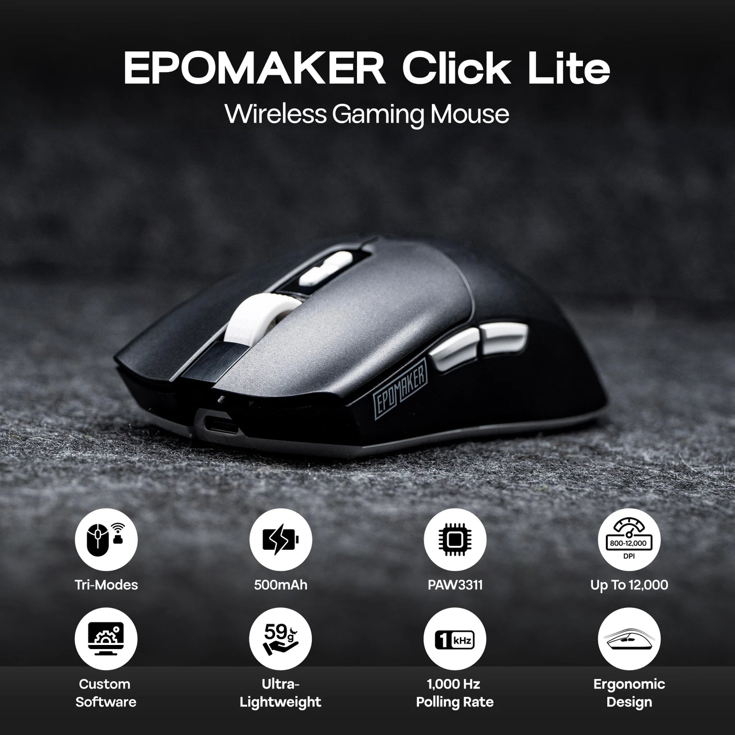 EPOMAKER Click Lite Wireless Gaming Mouse, Tri-Mode Bluetooth & 2.4GHz Gaming Mouse, PAW3311 Sensor, 24000 DPI, 59g Lightweight Rechargeable Gaming Mouse