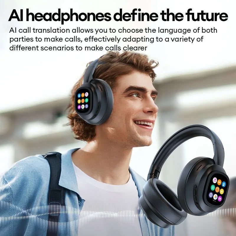 AI LCD Touch Screen Wireless Bluetooth Headphones – ANC Noise Cancelling Deep Bass Gaming Headset with HD Mic