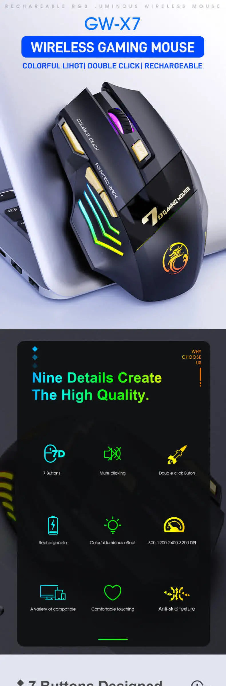 Wireless Bluetooth Rechargeable Gaming Mouse with RGB Backlight, Ergonomic Silent Computer Mouse, 7 Keys, Adjustable DPI for PC Laptop