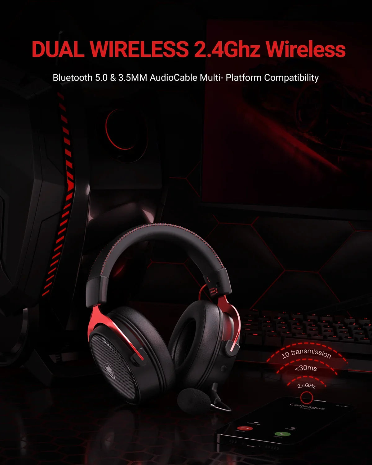 NUBWO G07 Wireless Gaming Headset for PC, PS4, PS Gaming Headphones with Fixed Mic 2.4GHz Ultra-Low Latency Noise Cancelling MIC
