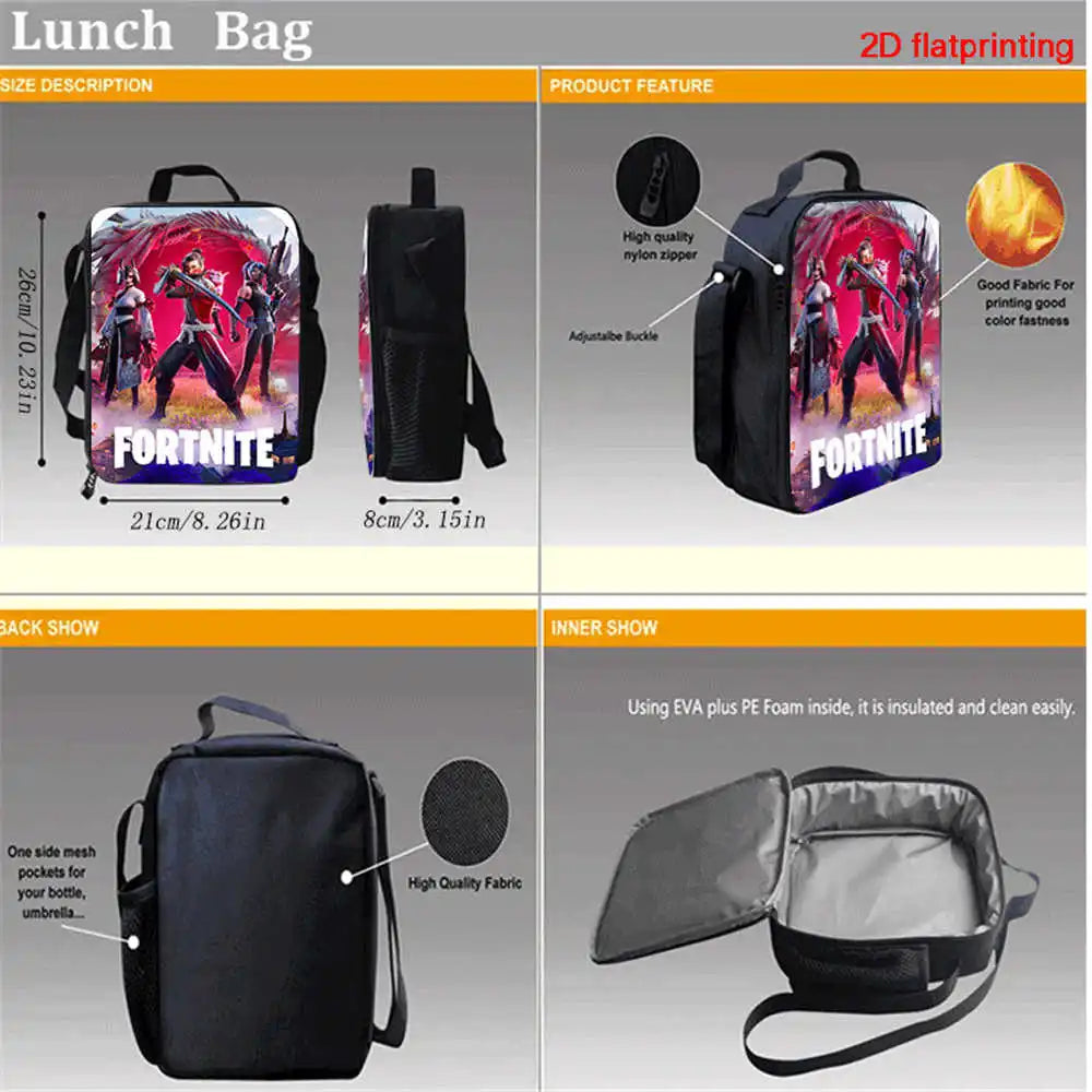 Conjunto Fortnite Cartoon de 3 peças, grande capacidade, adequado para rapazes e raparigas dos 5 aos 8 anos, inclui mochila, lancheira e estojo