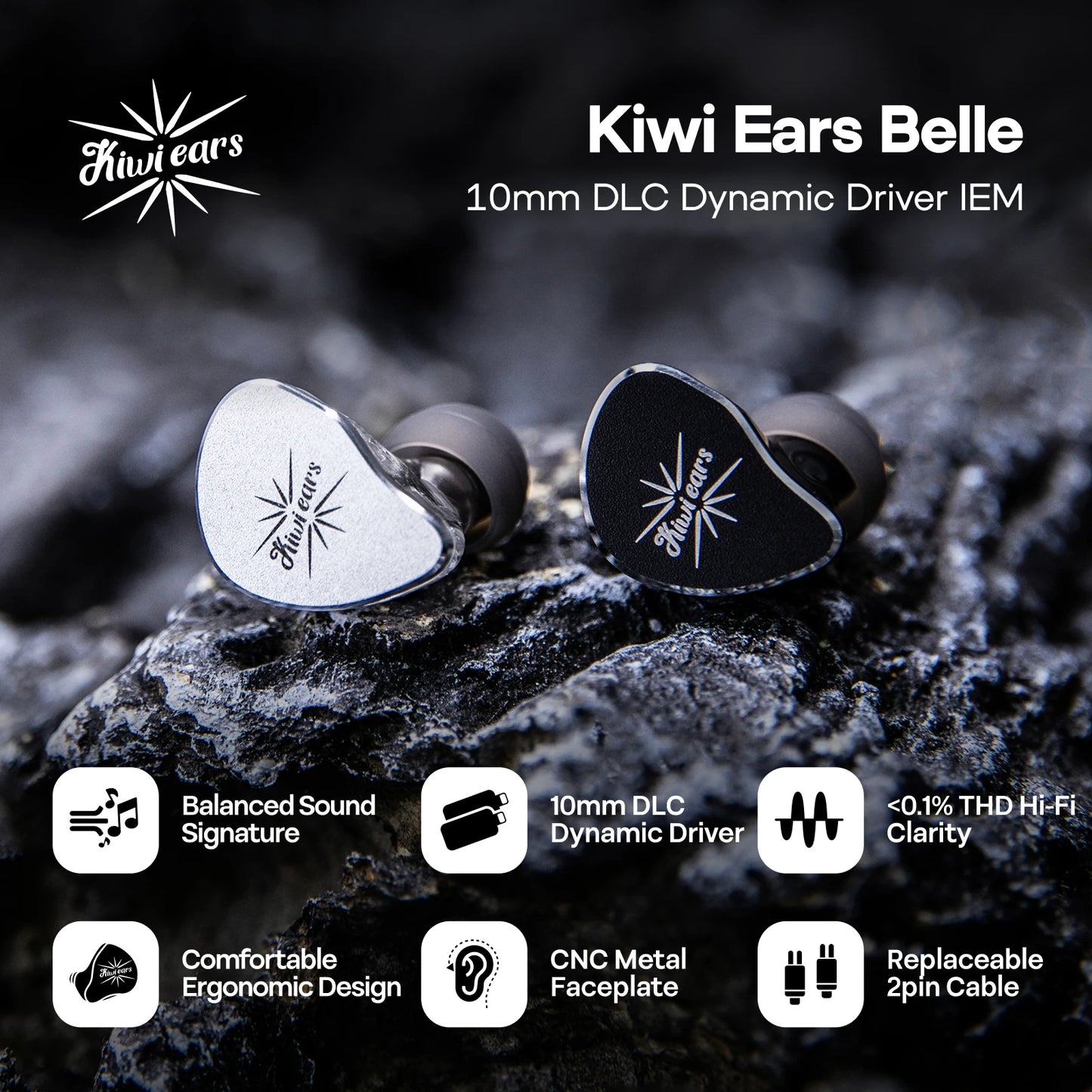 Linsoul Kiwi Ears Belle HiFi IEM Earphones 10mm DLC Dynamic Driver Wired In-Ear Monitors with Premium Sound Signature