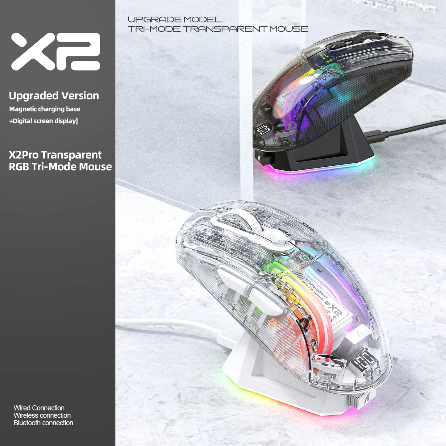 Attack Shark X2PRO Bluetooth Mouse Tri-Mode Wireless RGB Gaming Mouse with Magnetic Charging Dock, Transparent Design, Battery Indicator for PC, Laptop & Mobile