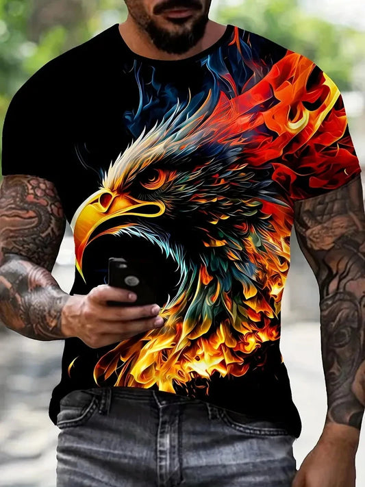 Nieuw cool T-shirt met adelaarmotief voor heren, 3D-print met vlammende adelaar, zomerse streetwear, trendy korte mouwen, T-shirts en tops voor heren