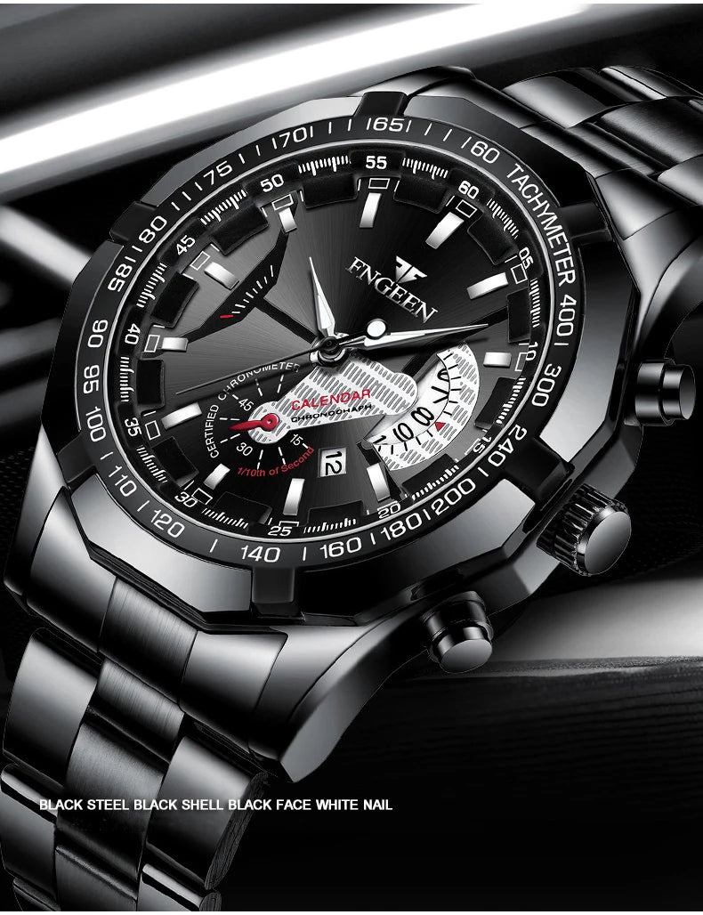 BINBOND luxury quartz wristwatch for men, luminous, water-resistant, automatic date, stainless steel