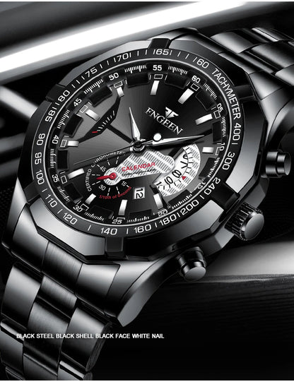 BINBOND luxury quartz wristwatch for men, luminous, water-resistant, automatic date, stainless steel