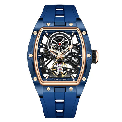 MINI FOCUS Men's Wristwatch Fashion Black Waterproof Automatic Mechanical Watch with Luminous Hands Silicone Strap Tonneau Dial