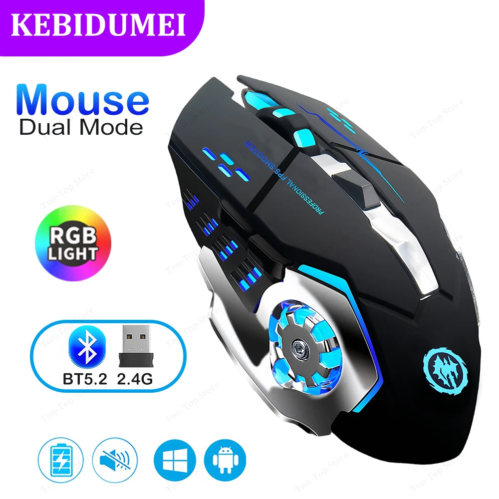 Bluetooth 5.2 Wireless RGB Gaming Mouse, Rechargeable Silent Mouse, 2.4G & Bluetooth Dual Mode, 3600 DPI Ergonomic Mouse for Laptop, MacBook & Tablet