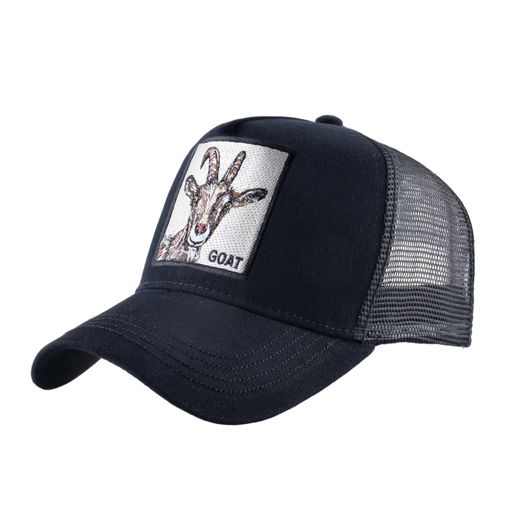 Gorras de camionero de moda con parche bordado de cabra. Gorra de béisbol Snapback «Four Seasons» para hombre y mujer, con visera ajustable.