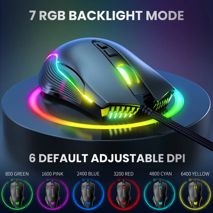 ONIKUMA káblová herná myš, 6 nastaviteľných úrovní, 6400 DPI, 7 programovateľných tlačidiel, 7 režimov RGB osvetlenia, ergonomická myš pre PC hráčov