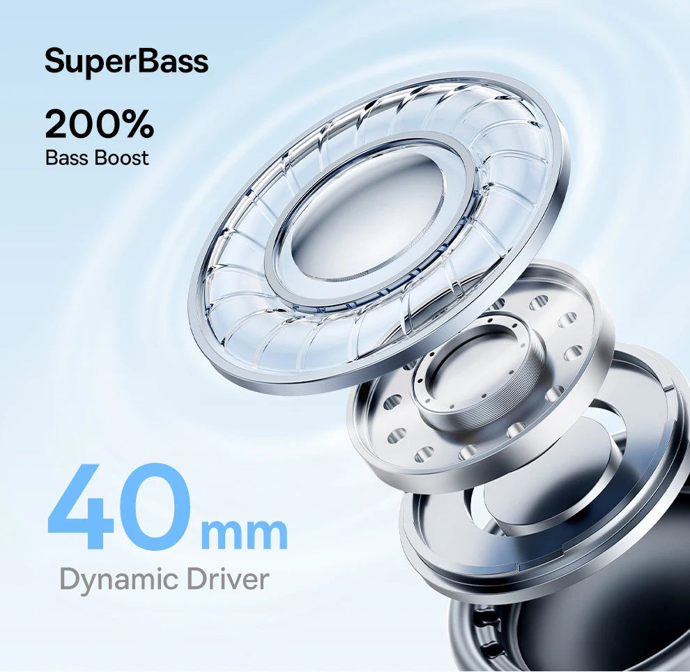 Baseus BH1 Lite Bluetooth 6.0 Wireless Headphones with Super Bass, ENC Clear Calls, 80H Playtime, Over Ear Headset for Gaming & Music