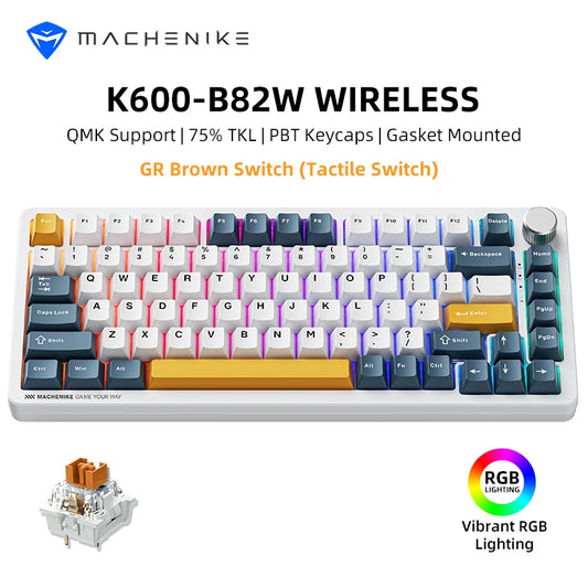 Machenike K600-B82W Mechanical Keyboard Tri-Modes Gasket Mounted 75% ANSI Layout  RGB Backlit Wireless Gaming Keyboard