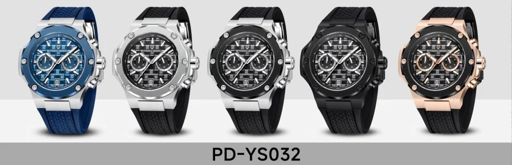 PAGANI DESIGN PD-YS032 Men's Quartz Watch 44mm Japan VK64 Movt Stainless Steel Case Rubber Strap Sapphire Glass 100M Waterproof
