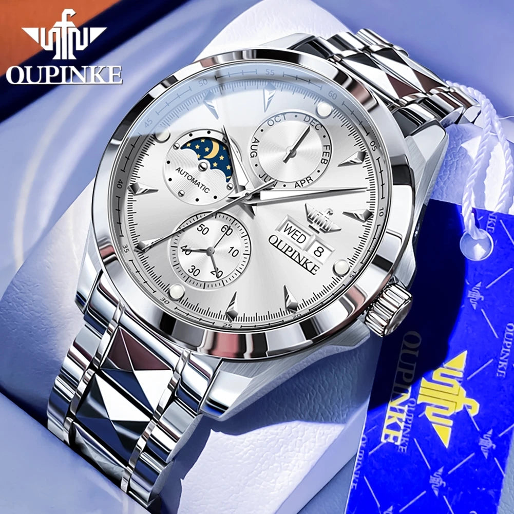 OUPINKE 3299 Automatic Man Watch Exclusive Dual Calendar Luxury Mechanical Wristwatches Moon Phase Waterproof Chronogprah Watch