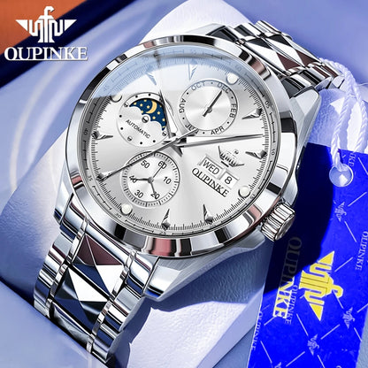 OUPINKE 3299 Automatic Man Watch Exclusive Dual Calendar Luxury Mechanical Wristwatches Moon Phase Waterproof Chronogprah Watch