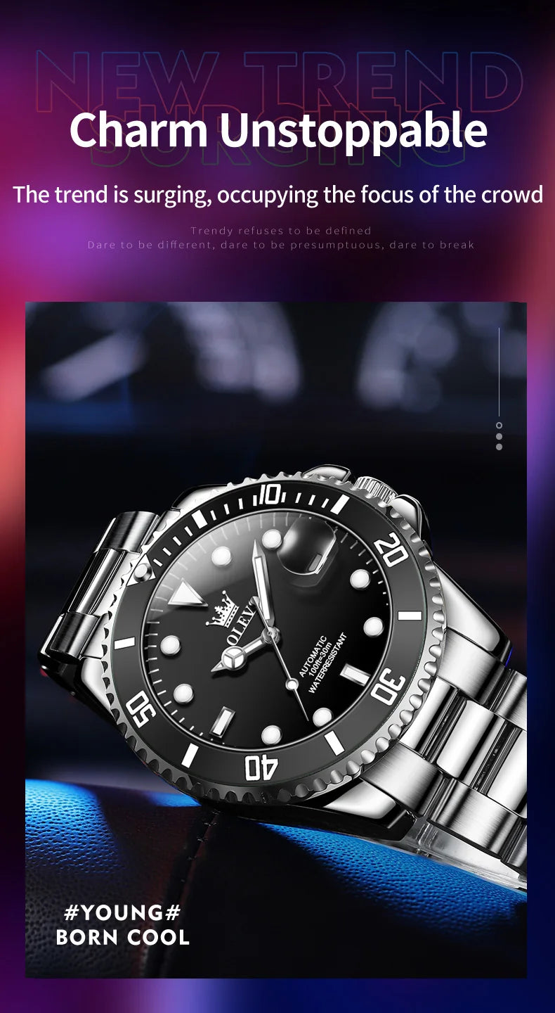 Montre pour homme OLEVS 6650 : montre mécanique automatique classique d'origine pour homme, cadran en zircon, étanche, luminescente, en acier inoxydable