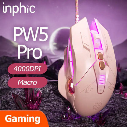 Inphic W8 Wired Gaming Mouse 4000DPI RGB Backlit Computer Mouse with 7 Buttons Macro Programming Silent Click USB Gaming Mouse