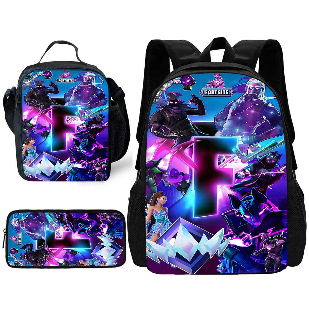 Mochila Escolar Infantil com Lancheira e Estojo, Design de Jogo Popular F-FortniteS, Mochila Escolar para Rapazes e Raparigas, Presente Ideal