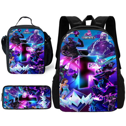 Mochila Escolar Infantil com Lancheira e Estojo, Design de Jogo Popular F-FortniteS, Mochila Escolar para Rapazes e Raparigas, Presente Ideal