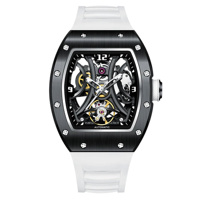 Luxury Automatic Watch Men Sports Barrel Skeleton Design Mechanical Movement Silicone Strap 5 ATM Waterproof Watches