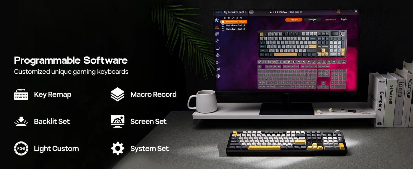 AULA F108 PRO Wireless Mechanical Keyboard 3 Mode RGB Backlit Gaming Keyboard With Screen 8000mAh Battery 104 Keys Hot Swappable
