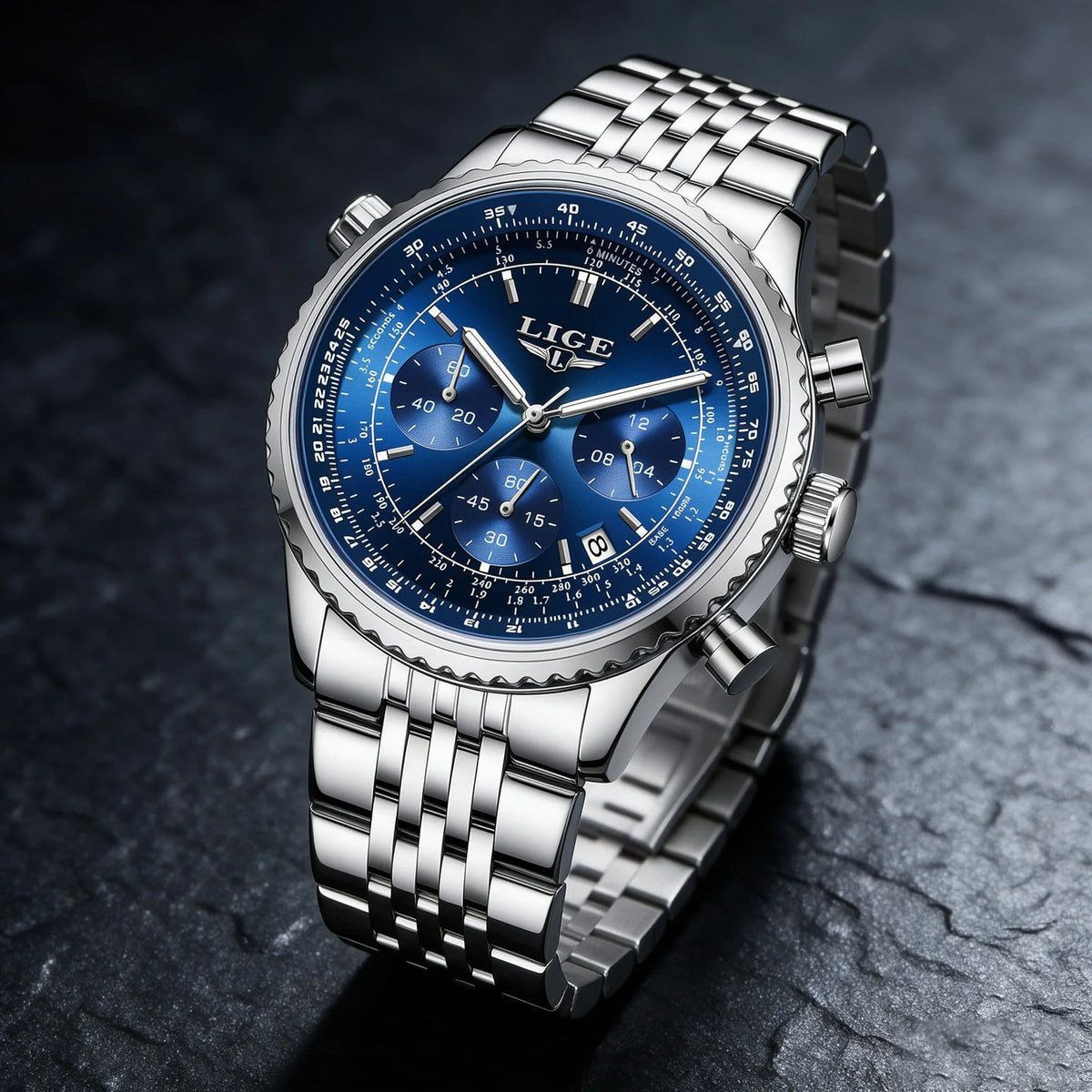 LIGE luxury men’s watch – Chronograph with date, stainless steel, water-resistant, luminescent, sporty and military style, men’s quartz watch