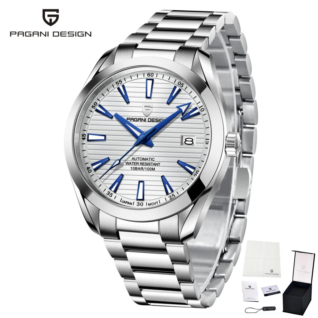 Relógio de luxo para homem PAGANI DESIGN – Modelo automático mecânico (calibre 8215), em aço inoxidável, estanque, com indicador de data e ponteiros luminescentes