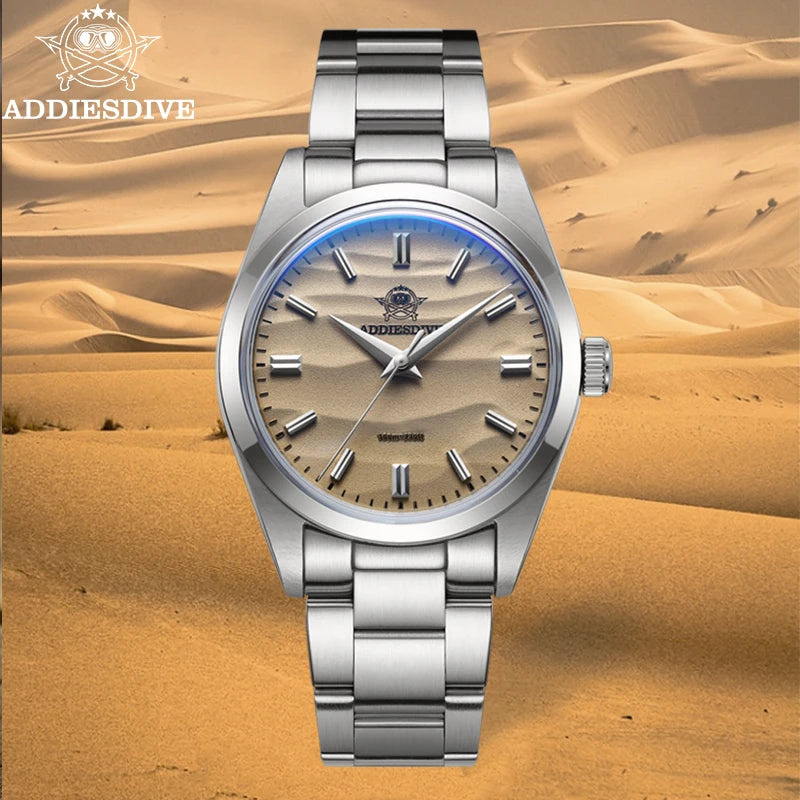 ADDIESDIVE Hot Sale AD2030 Without LOGO Watch Stainless Steel 100M Waterproof Quartz Watches 3D Sand Dial Men's Wristwatch Dress