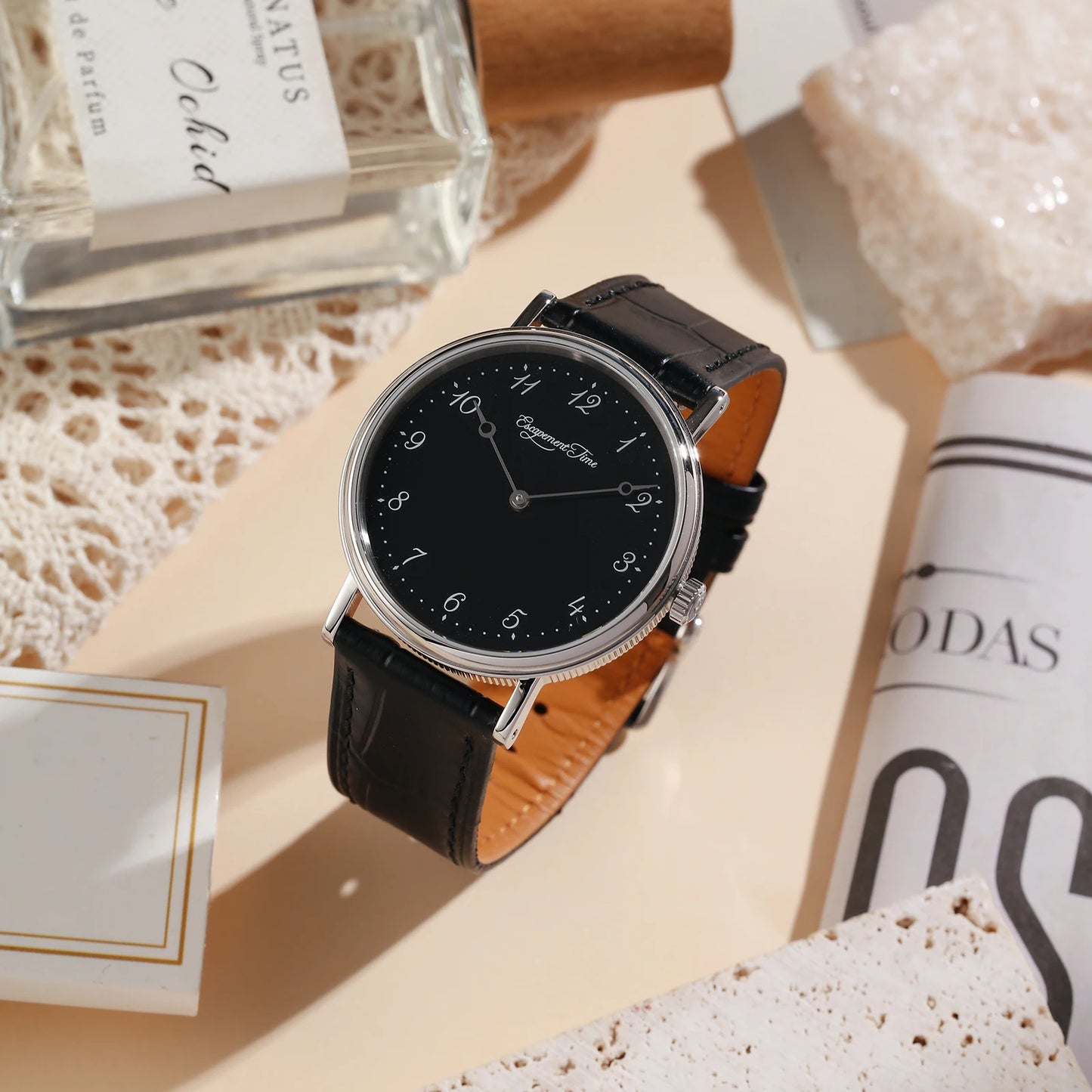 【Escapement Time】Quartz Movement Watch 38.5mm Case Enamel White Waterproof 50M Blue Heat Treatment Hand