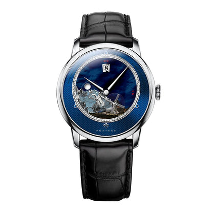 PONIGER Sapphire Crystal Glass Wrist Watch Painting Dial Man Leather Automatic Wristwatch MIYOTA 8219