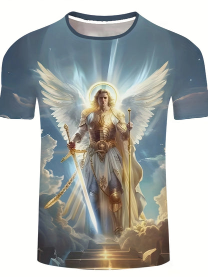 Mens 3d Angel Warrior Graphic T Shirt Golden Sword Design 3D Printed Tshirt For Men Clothes Wing Ornate Border Unisex Tee Tops