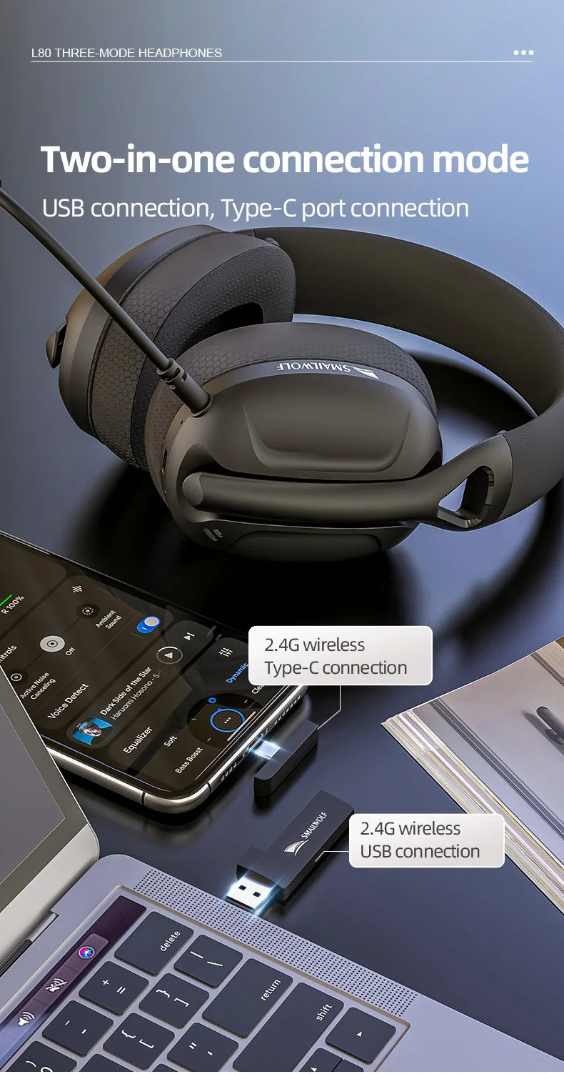 SMAILWOLF L80 Wireless Gaming Headset Bluetooth 5.0 & 2.4GHz Triple-Mode Gaming Headphones with Microphone for PC, Laptop, PS5 & Mobile