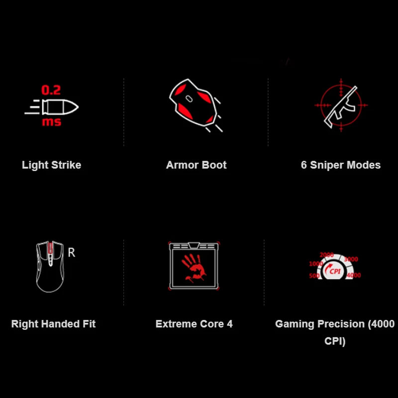 A4TECH Bloody A91 gamingmus, 4000 DPI, drag click, 1000HZ, 6666FPS, 8 knappar, Metal X' Glide Armor Boot, över 20 miljoner klick