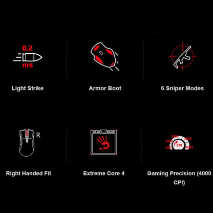 A4TECH Bloody A91 gamingmus, 4000 DPI, drag click, 1000HZ, 6666FPS, 8 knappar, Metal X' Glide Armor Boot, över 20 miljoner klick