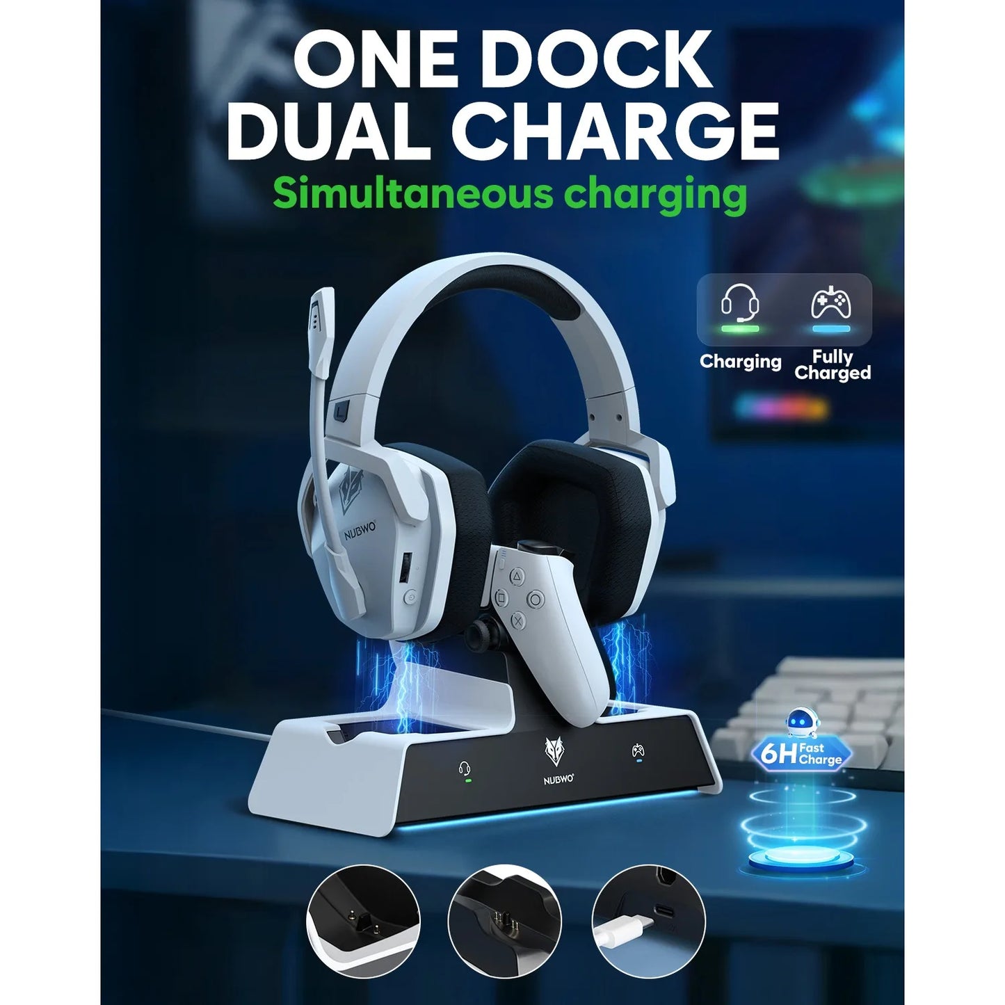 NUBWO G06 Pro Wireless Gaming Headset with Charging Station, Bluetooth 5.3 Gaming Headphones for PS5, PS4 & PC, ENC Microphone, 120-Hour Battery Life
