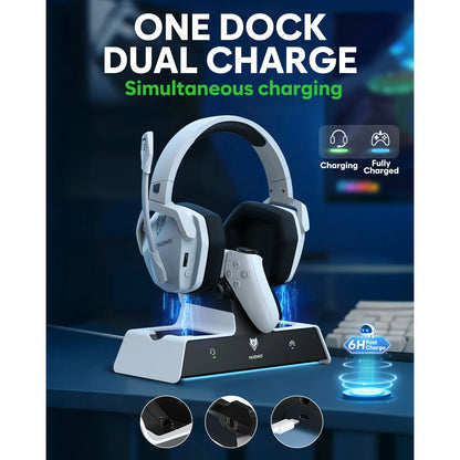 NUBWO G06 Pro Wireless Gaming Headset with Charging Station, Bluetooth 5.3 Gaming Headphones for PS5, PS4 & PC, ENC Microphone, 120-Hour Battery Life
